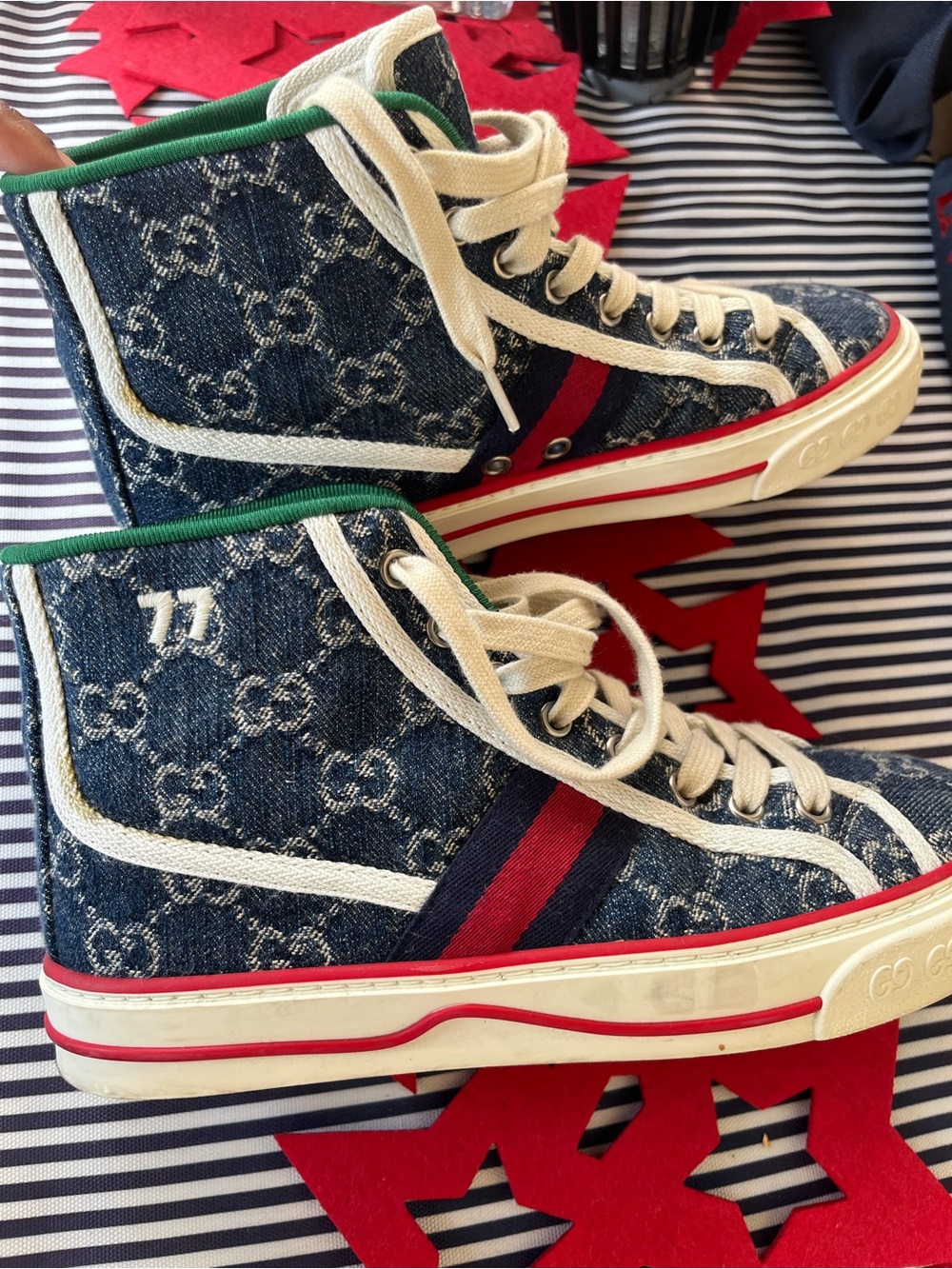 Gucci women’s Denim High-Top Sneakers with Red and Navy Web